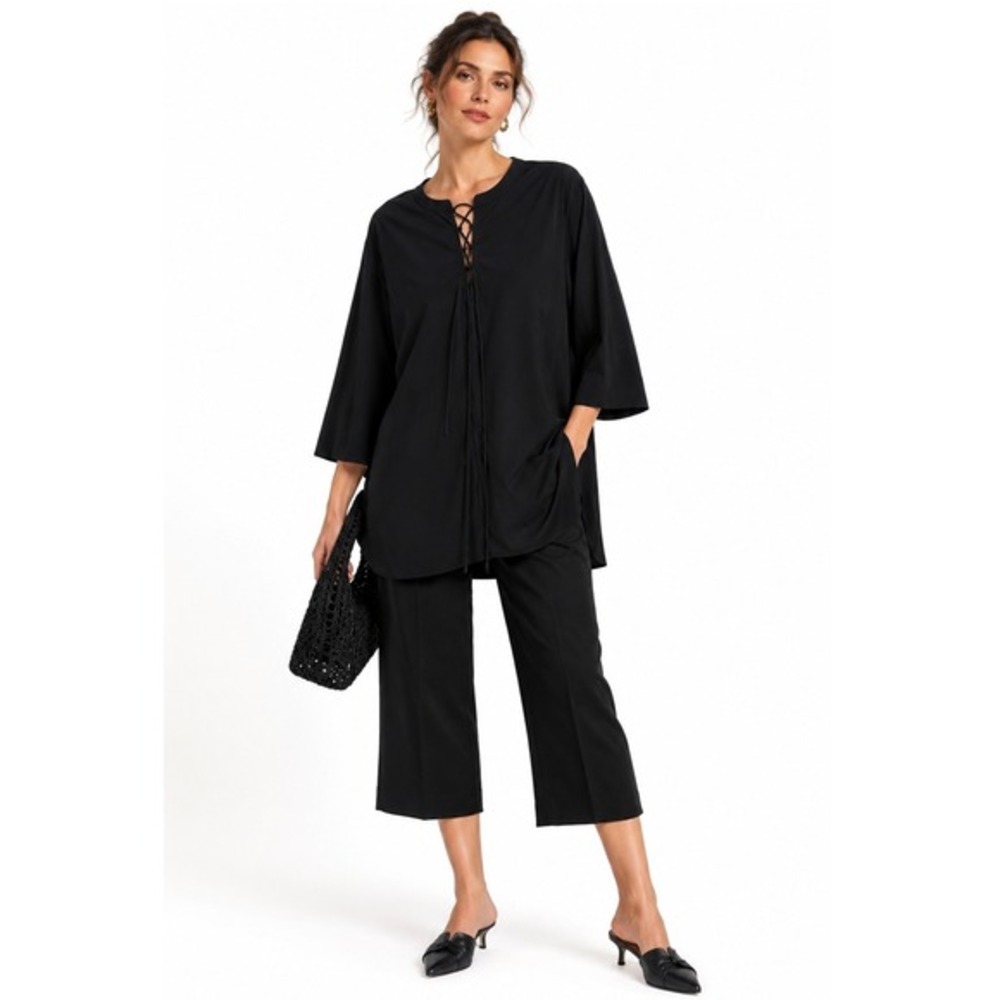 Lysse Black Schiffer Lace Up Tunic Top 3/4 Sleeve Blouse Large NWOT
